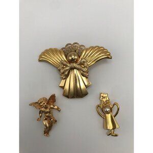 Vintage Lot (3) Angel Pins Brooches Gold Tone Religious
